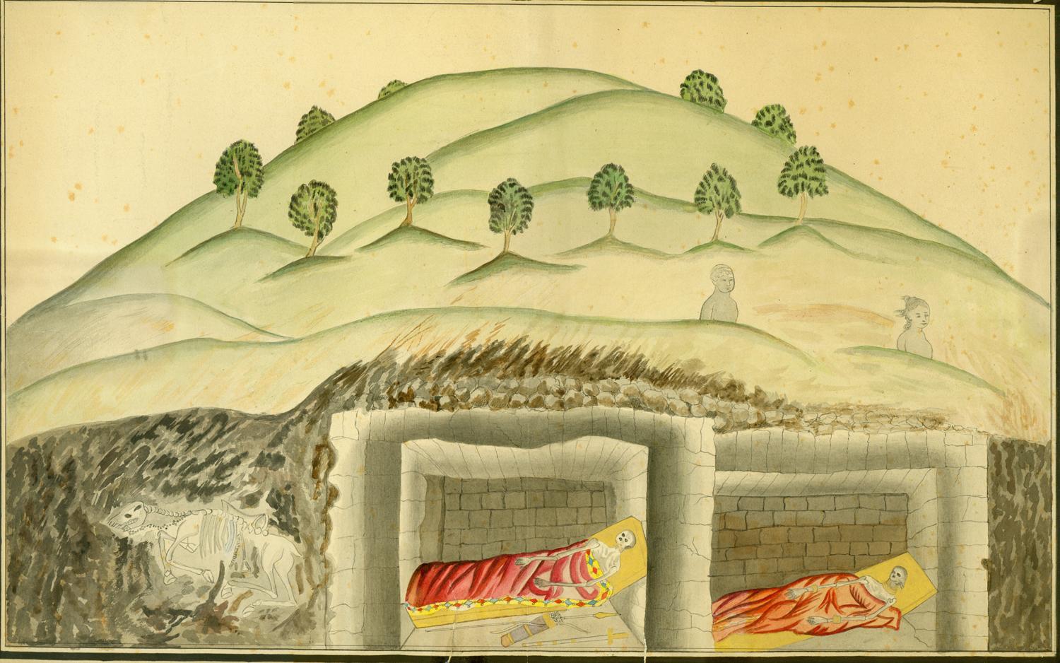 Burial mound with two human skeletons and one animal skeleton, hill and trees above