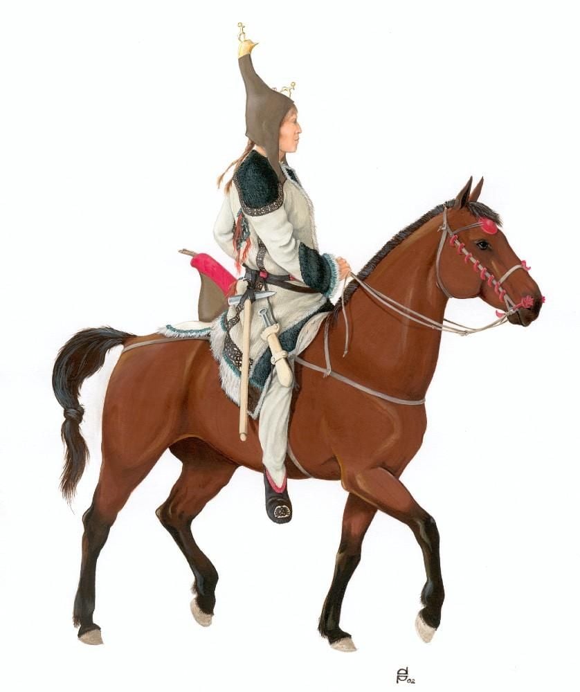 Painting of profile of Scythian in pointed hat astride a horse
